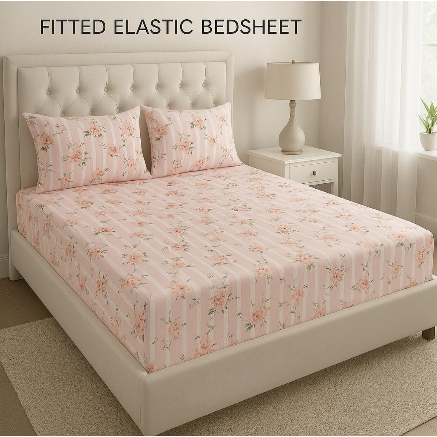 Kashyapa Rugs Pink & White Flower Cotton (Elastic) Bedsheet (Pack of 1 Bedsheet + 2 Pillow Covers)