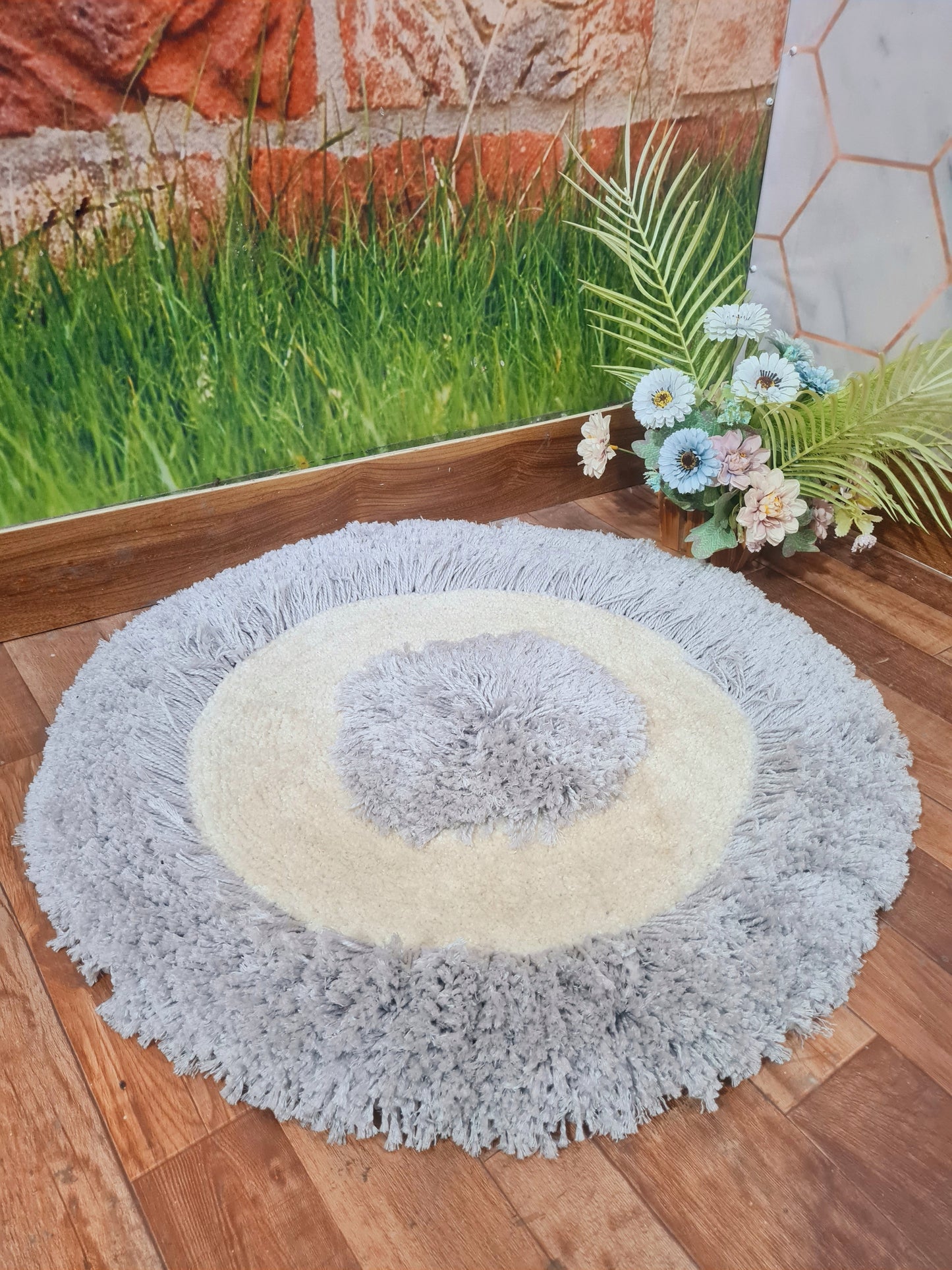 Grey & White Shaggy Round Carpet - Soft Feel with Anti-Skid Rubber Backing