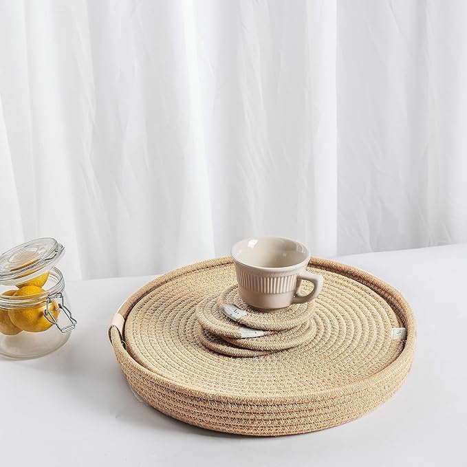 Washable Poly Cotton Dining Table Placemats Set of 4 pc with Tea Coaster (Beige)