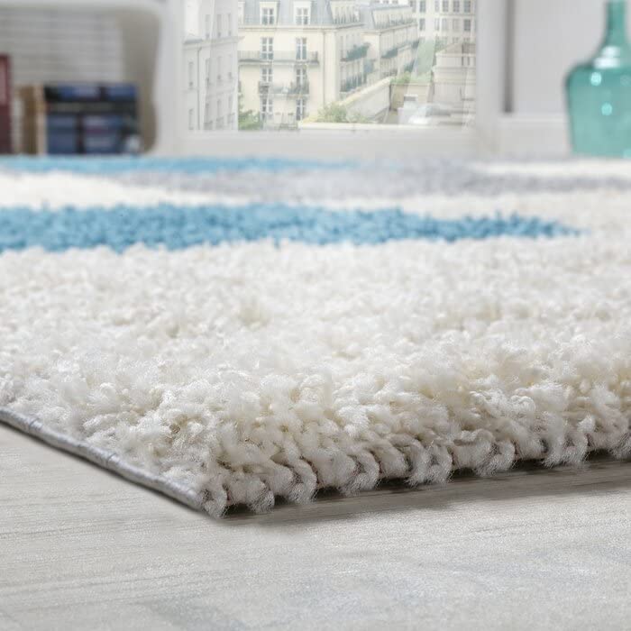 Handwoven Shag Collection Super Soft Microfiber Silk Touch Rug – Ivory, Grey & Aqua – Soft Feel with Anti-Skid Rubber Backing
