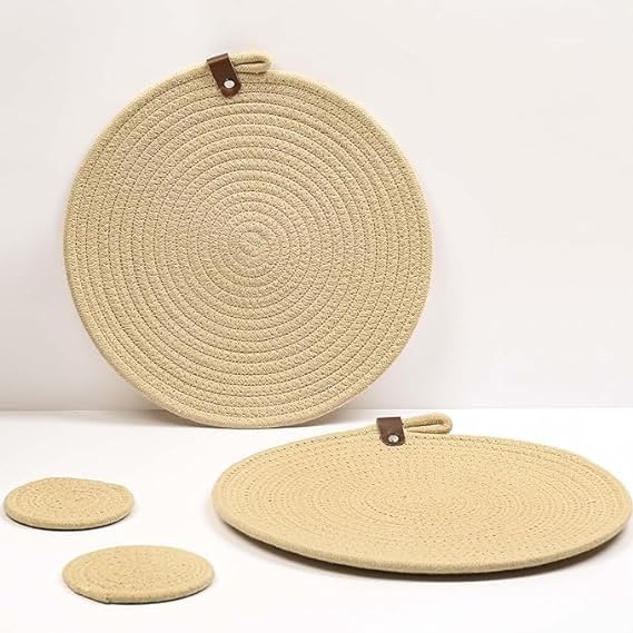 Washable Poly Cotton Dining Table Placemats Set of 4 pc with Tea Coaster (Beige)