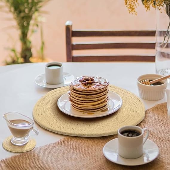 Washable Poly Cotton Dining Table Placemats Set of 4 pc with Tea Coaster (Beige)