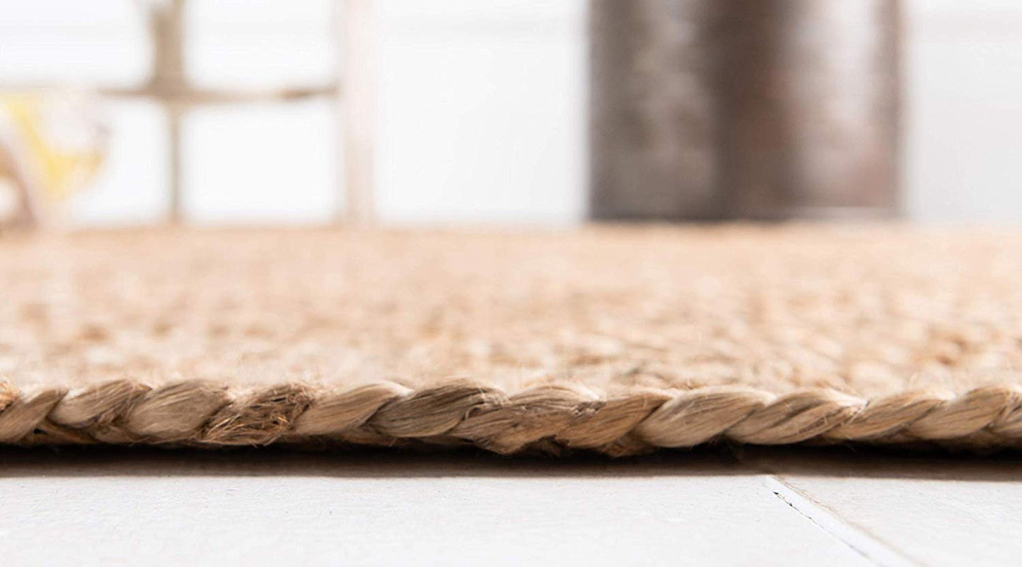 Natural Jute with Multicolor cotton Dye Scalloped Design Handmade Braided Farmhouse Rectangle Jute Area Rug.