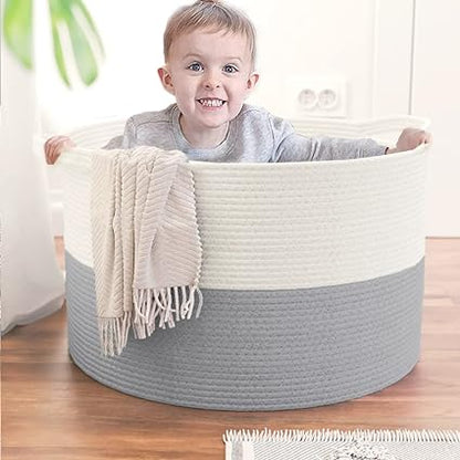 Kashyapa Storage Organizer Foldable Wardrobe Cotton Mini Rope Laundry Basket with lid Cloth Storage Box Baby Bucket Hamper New Born for Kitchen,Office Set,Room,planters,Dirty Clothes (White grey)