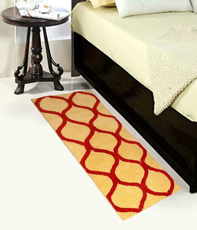 Red & Yellow Geometric Bedside Runner – Soft Microfiber, Anti-Skid Rubber Backing