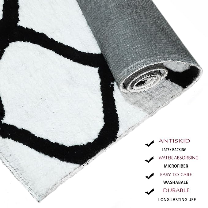 Black & White Geometric Bedside Runner – Soft Microfiber, Anti-Skid Rubber Backing