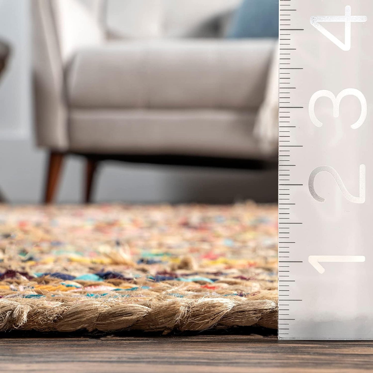 Natural Jute with Multicolor cotton Dye Scalloped Design Handmade Braided Farmhouse Rectangle Jute Area Rug.