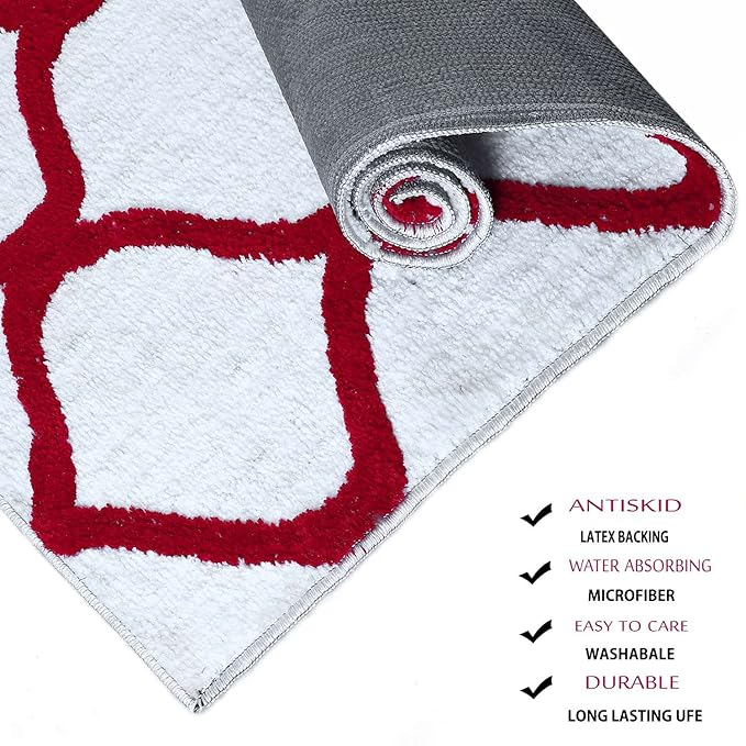 Red & White Geometric Bedside Runner – Soft Microfiber, Anti-Skid Rubber Backing