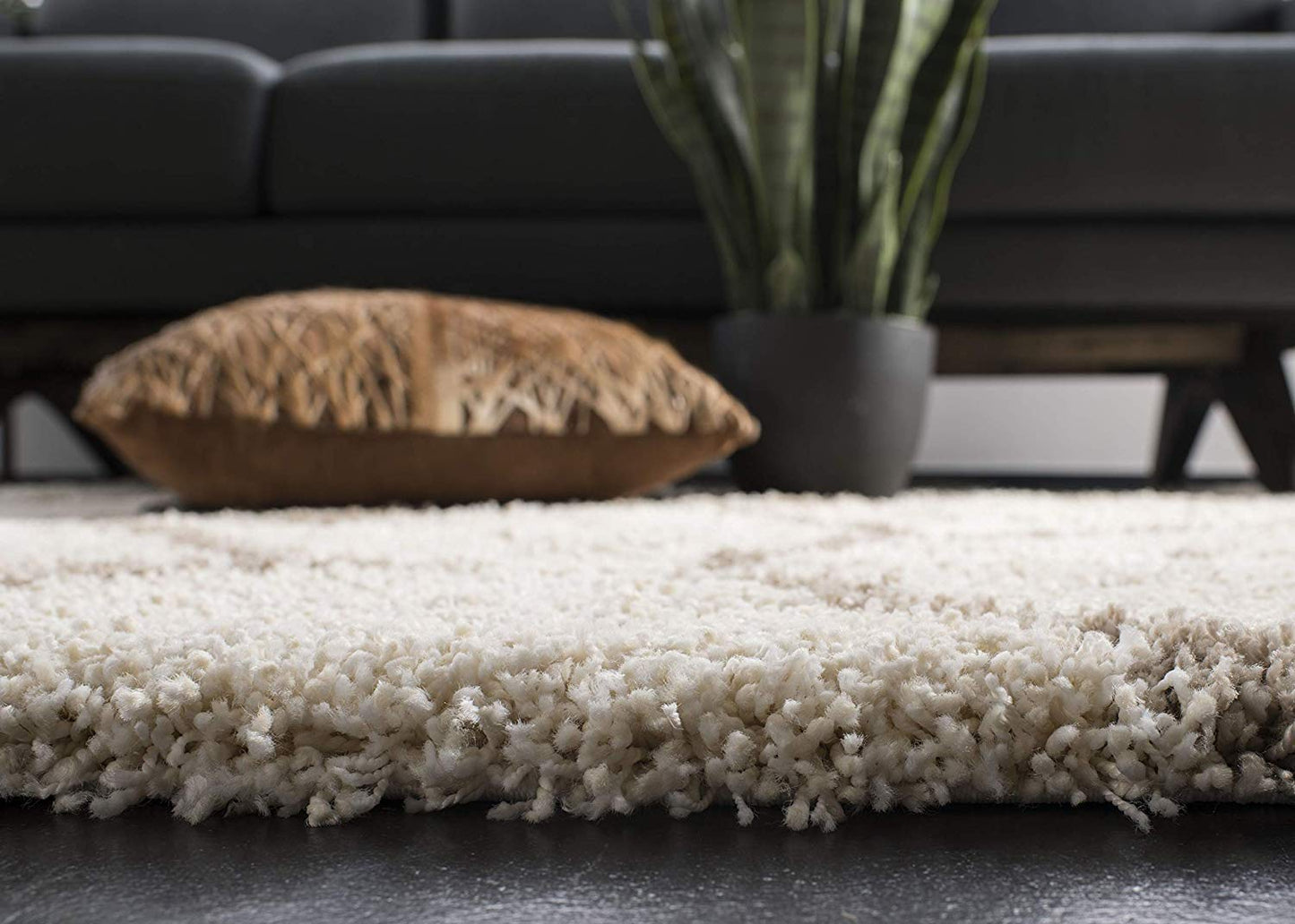Diamond Shaggy Design Rug Ivory with Beige Lines Microfiber Hand tufted Carpet.