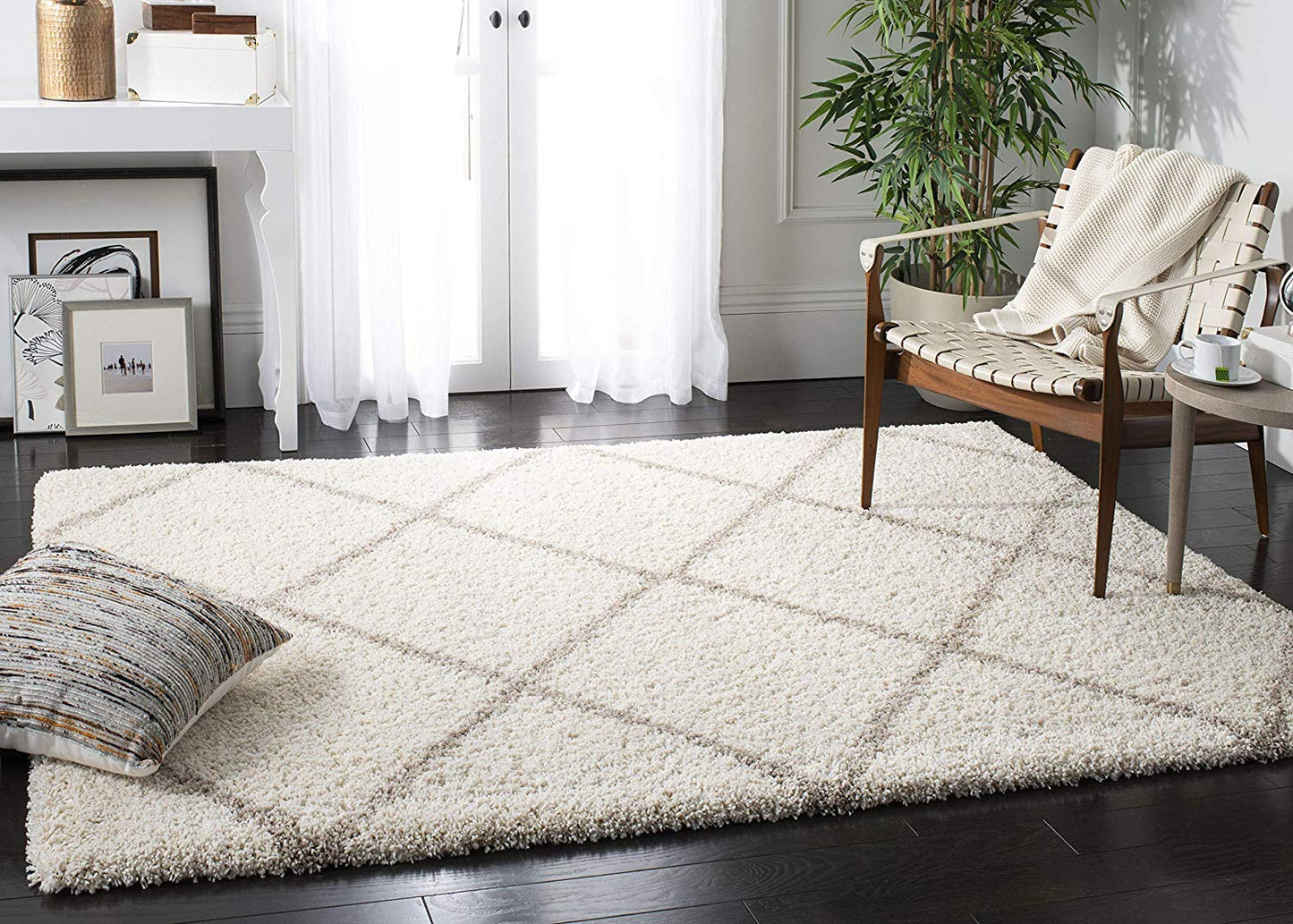 Diamond Shaggy Design Rug Ivory with Beige Lines Microfiber Hand tufted Carpet.