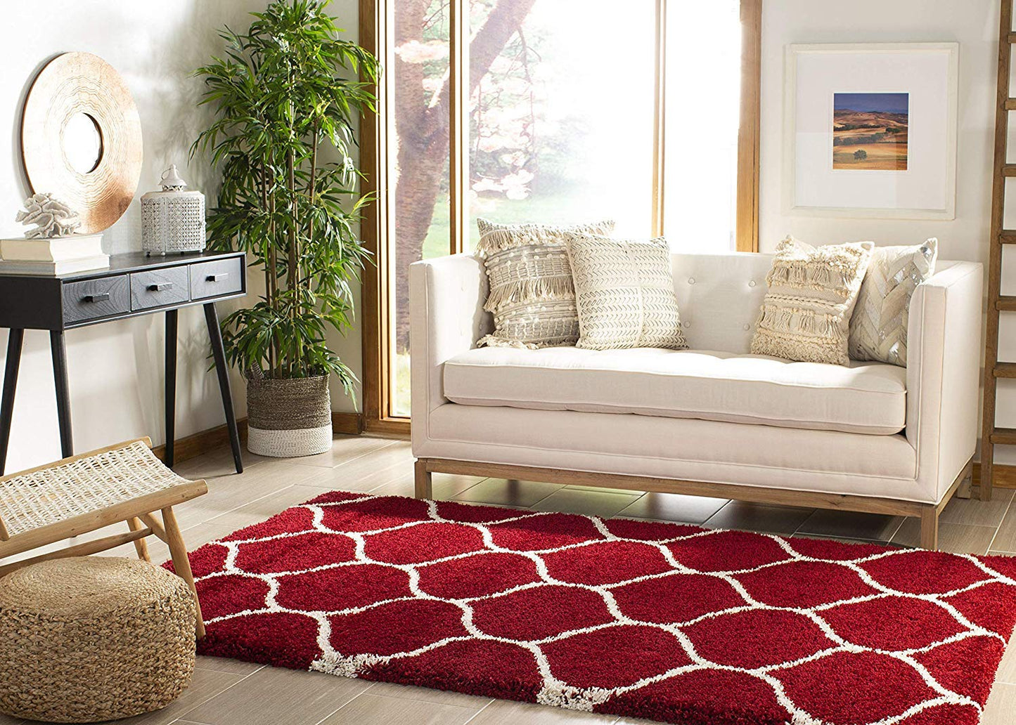 Red & White Tufted Moroccan Design Living Room Carpet