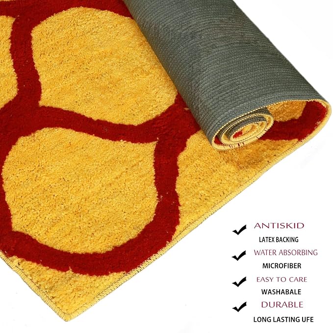 Red & Yellow Geometric Bedside Runner – Soft Microfiber, Anti-Skid Rubber Backing