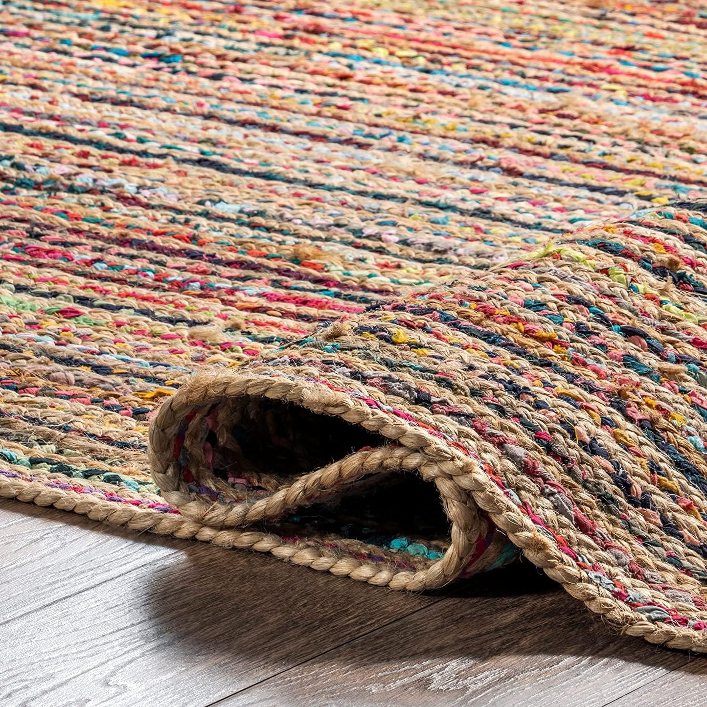 Natural Jute with Multicolor cotton Dye Scalloped Design Handmade Braided Farmhouse Rectangle Jute Area Rug.