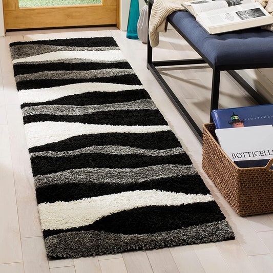 Kashyapa Rugs Collection- Micro Moroccan Runner Carpet In Black And Grey-Different Sizes