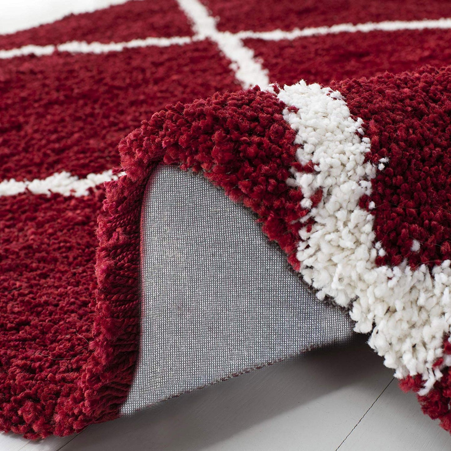 Diamond Shaggy Rug for Bedroom Red with Ivory Lines/ Microfiber Hand tufted Carpet