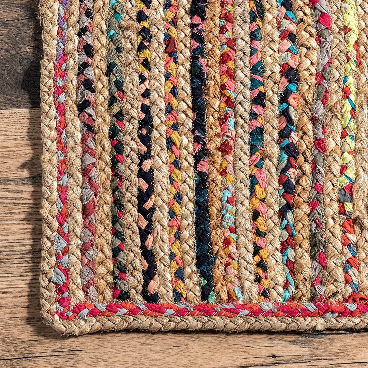 Natural Jute with Multicolor cotton Dye Scalloped Design Handmade Braided Farmhouse Rectangle Jute Area Rug.