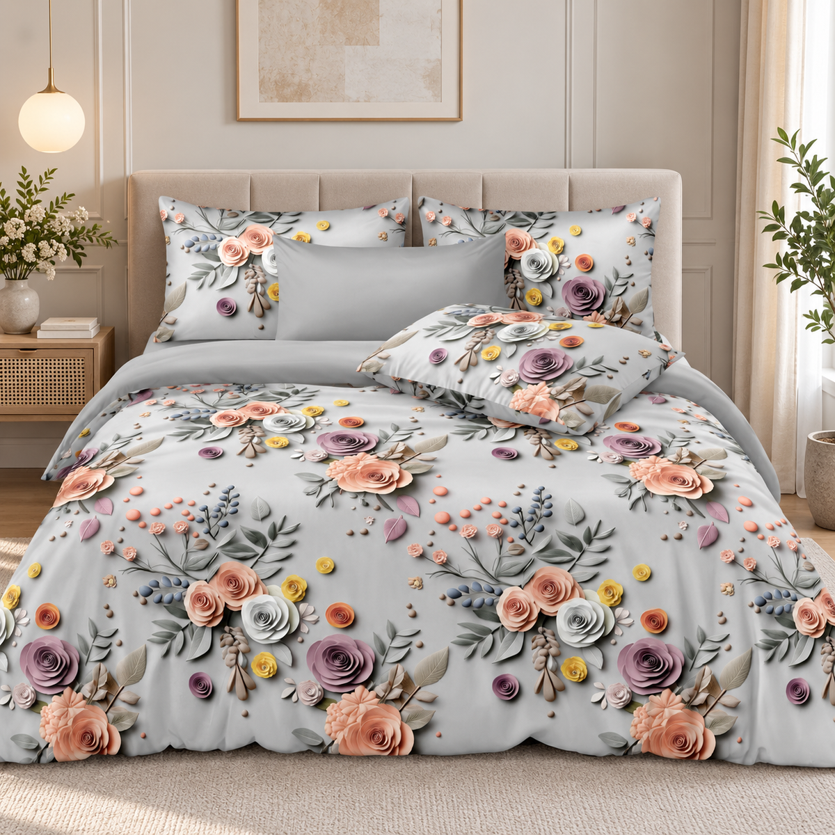 12-D Bag Pack Soft Glace Cotton Floral Bedsheet Set | 1 Bedsheet + 2 Pillow Covers | Pink, Mauve & Yellow Rose Print