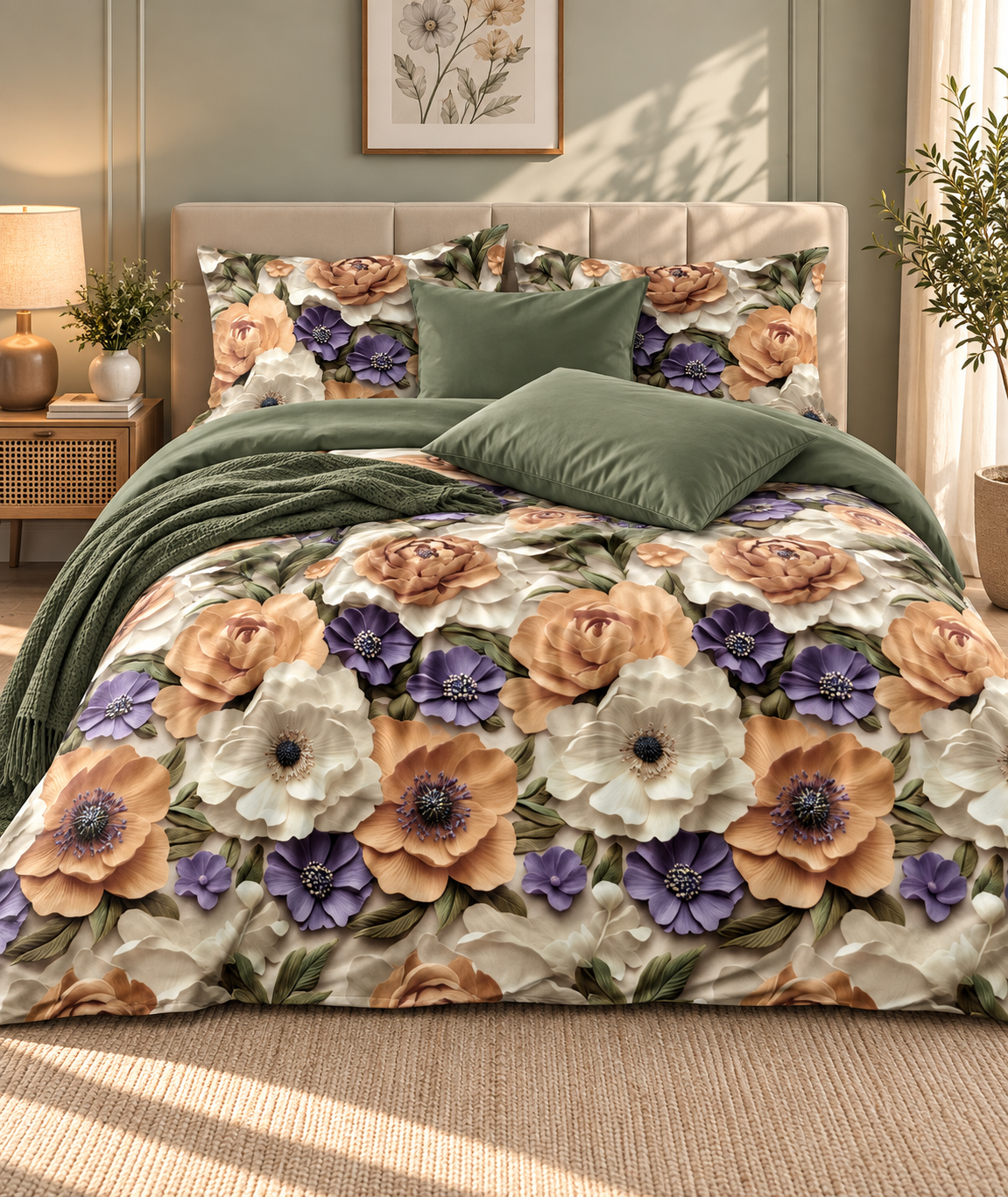12-D Bag Pack Soft Glace Cotton Floral Bedsheet Set | 1 Bedsheet + 2 Pillow Covers | Peach, Purple & White Flower Print