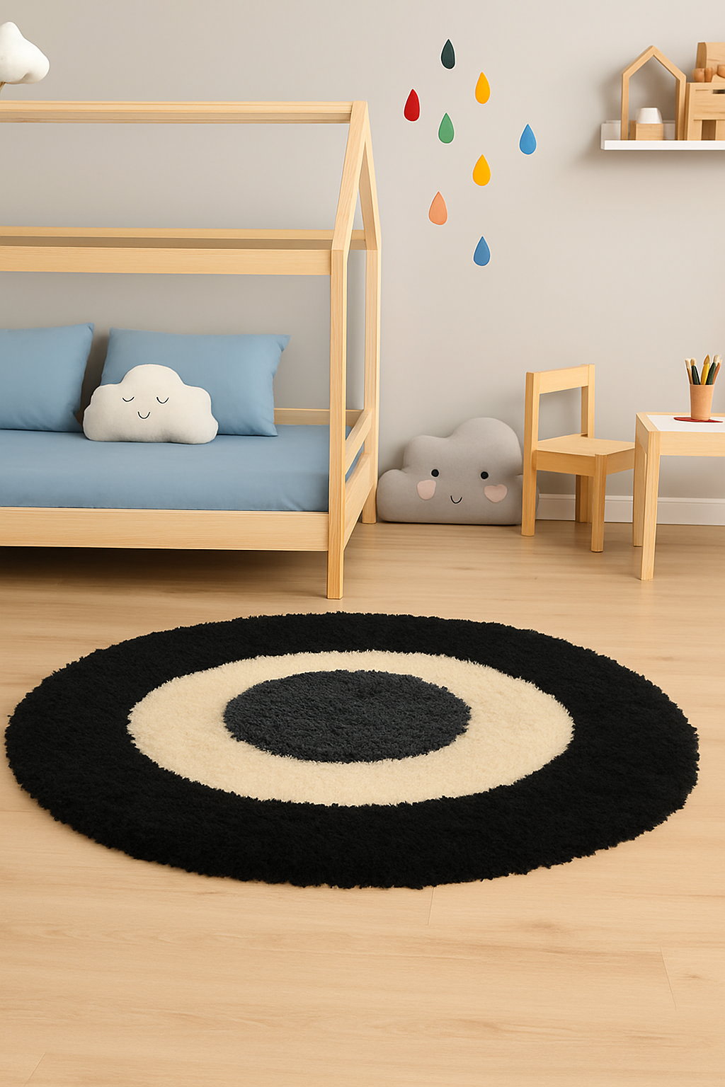 Black & White Round Carpet - Soft Feel with Anti-Skid Rubber Backing