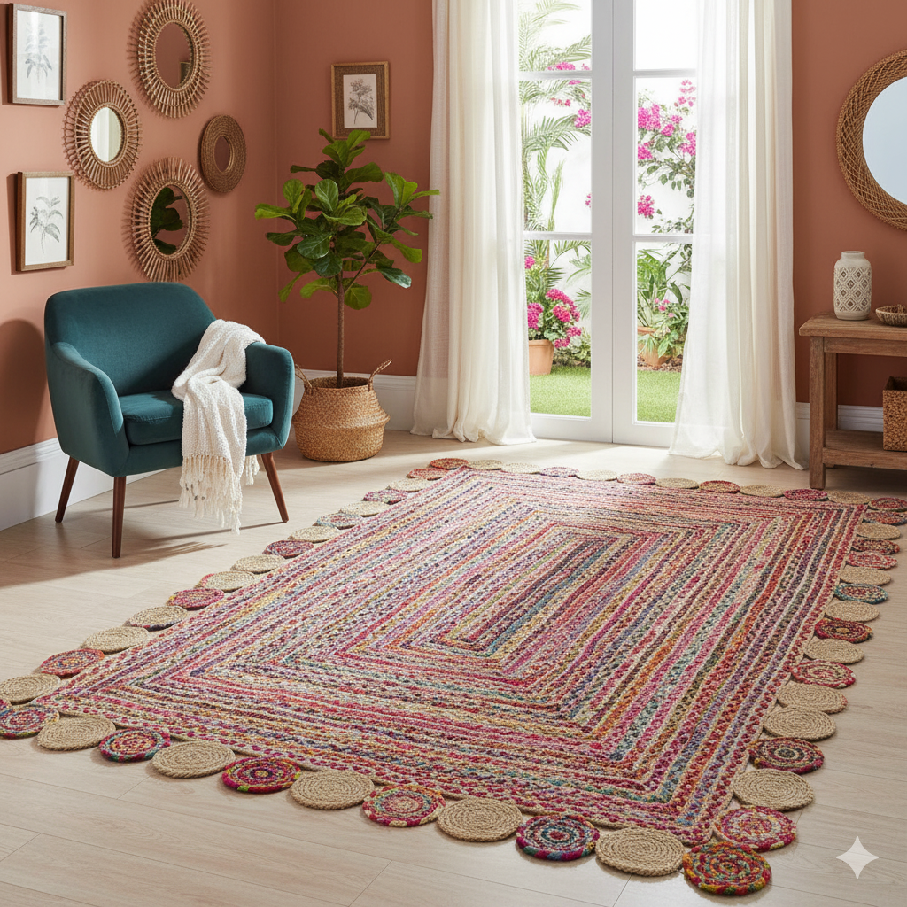 Modern Braided Rug in Multicolour Jute & Cotton Chindi Handmade & Hand washable Rug.