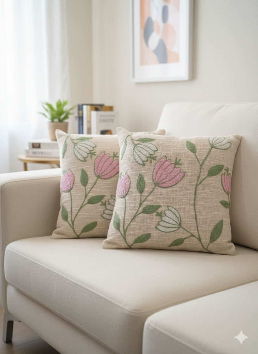 Elegant Designer Cushion Covers – Soft & Durable with Beautiful Floral Embroidery for Living Room Sofa
