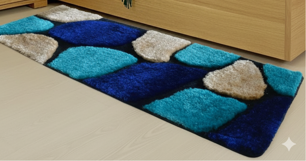 Blue Stones Bedside Runner – Soft Microfiber, Anti-Skid Rubber Backing