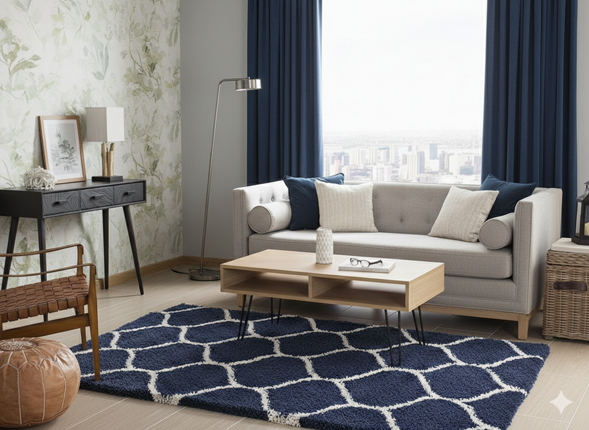 Elegant Cream & Blue Moroccan Lattice Rug – Soft Touch with Anti-Slip Rubber Backing