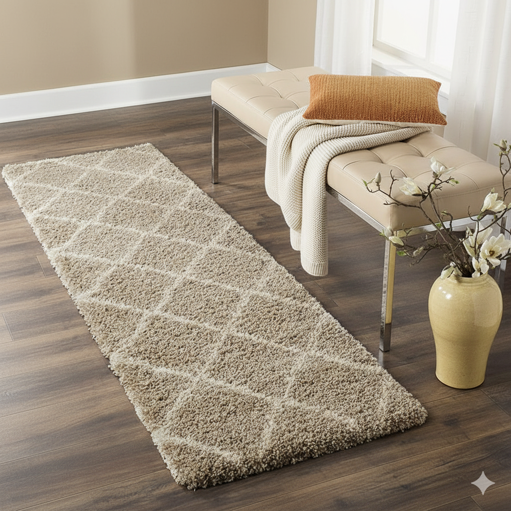 Ivory & Beige Bedside Runner – Soft Microfiber, Anti-Skid Rubber Backing