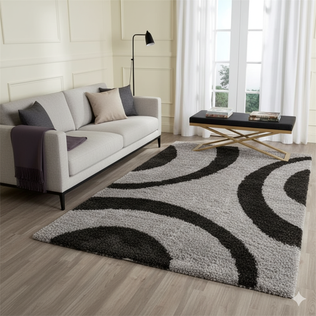 Black & Grey Abstract Pattern Microfiber Carpet – Luxurious Soft Touch, Anti-Skid Base