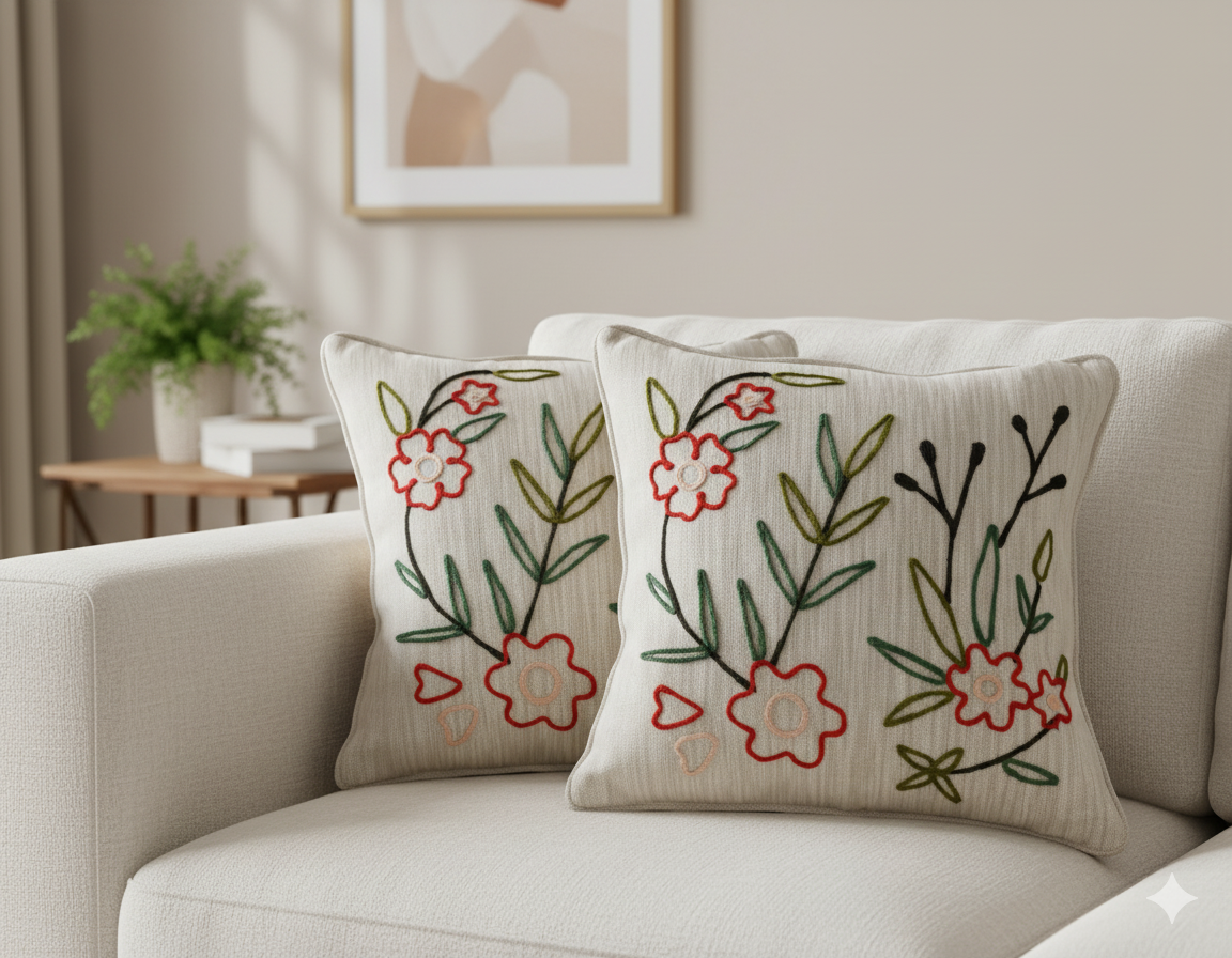 Elegant Designer Cushion Covers – Soft & Durable with Beautiful Floral Embroidery for Living Room Sofa-016