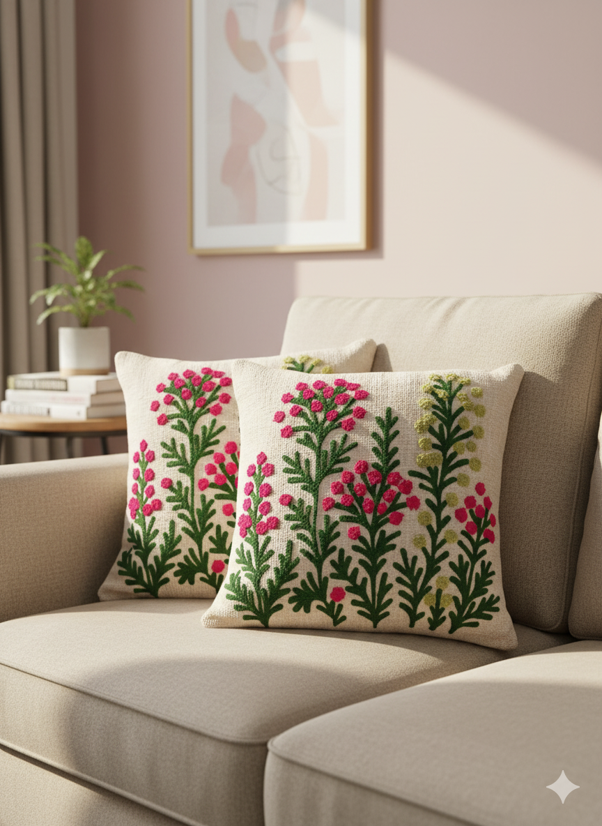 Elegant Designer Cushion Covers – Soft & Durable with Beautiful Floral Embroidery for Living Room Sofa