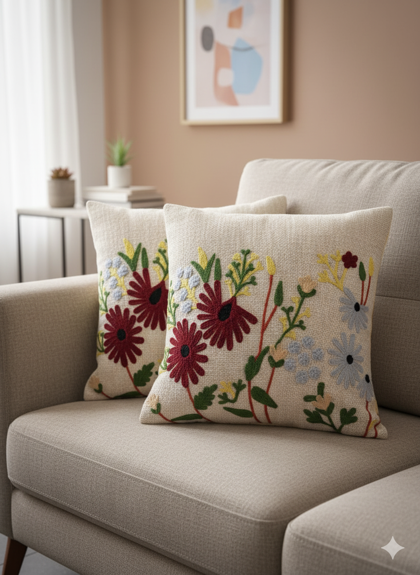 Elegant Designer Cushion Covers – Soft & Durable with Beautiful Floral Embroidery for Living Room Sofa