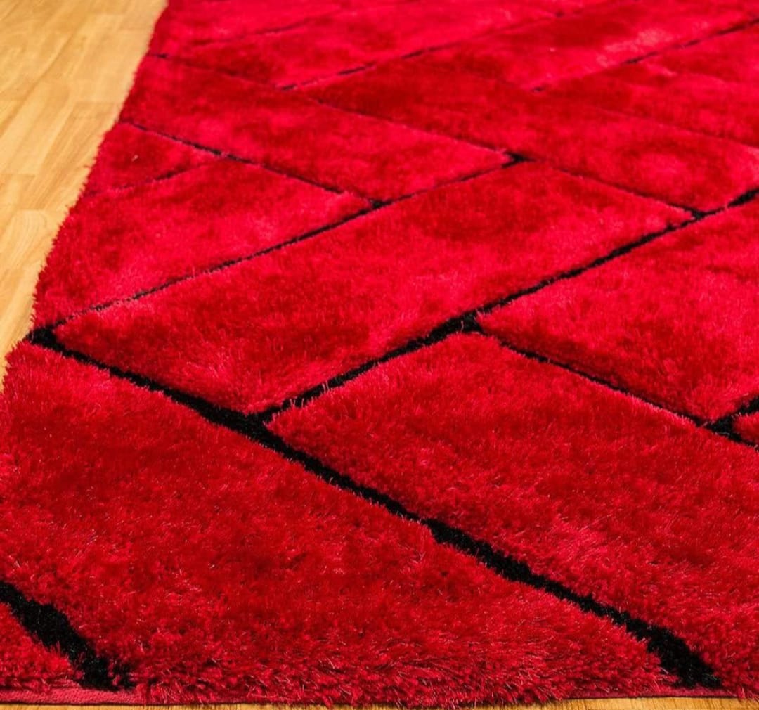 Red 3D Black Lines Modern Shaggy Rug