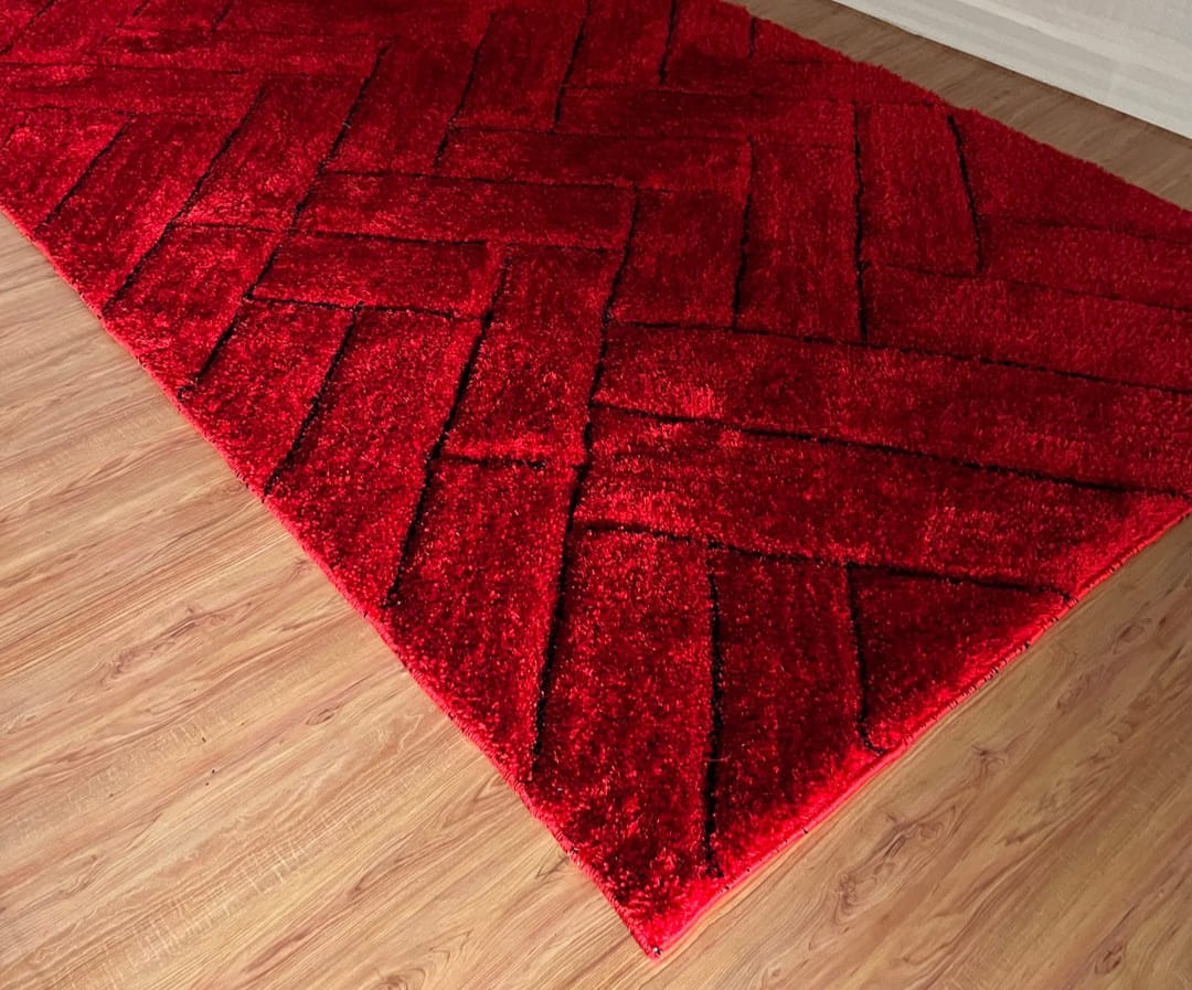 Red 3D Black Lines Modern Shaggy Rug