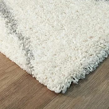 Ivory With Grey lining Soft Microfiber Fluffy Rug.