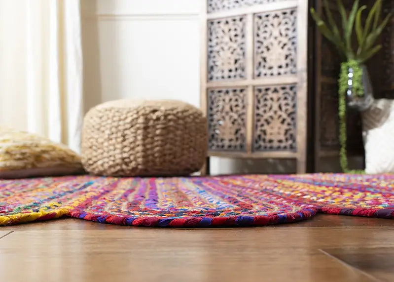 Natural Jute with Multicolor cotton Dye Scalloped Design Handmade Braided Farmhouse Rectangle Jute Area Rug.