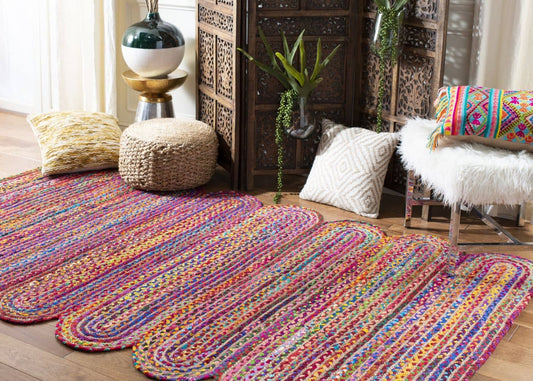 Kashyapa Rugs Collection- Natural Jute with Multicolor cotton Dye Scalloped Design Handmade Braided Farmhouse Rectangle Jute Area Rug.