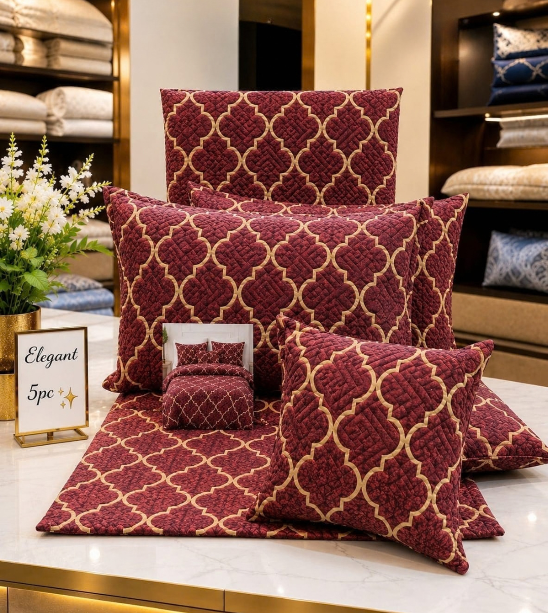 Luxury Supersoft Glace Cotton 5-Piece Quilted Queen Size Bedsheet Set with Cushion & Carry Bag