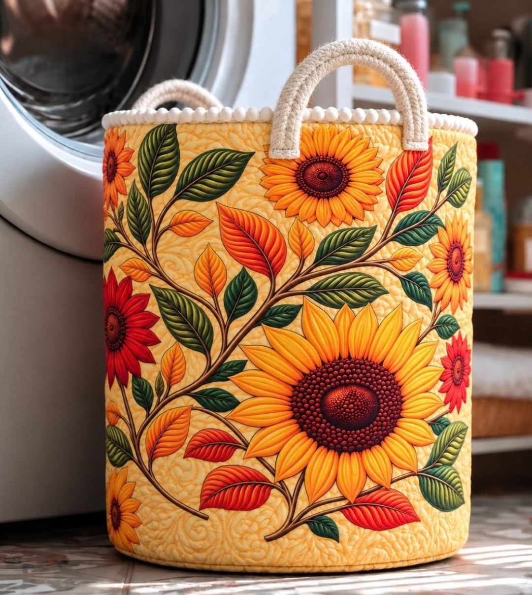 Luxury Sunflower 7D Printed Fabric Laundry & Storage Basket with Soft Handles