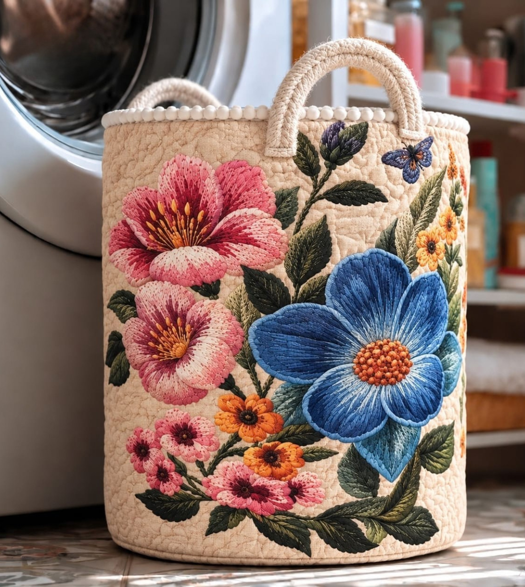 Luxury Botanical Floral 7D Printed Fabric Laundry & Storage Basket with Soft Handles