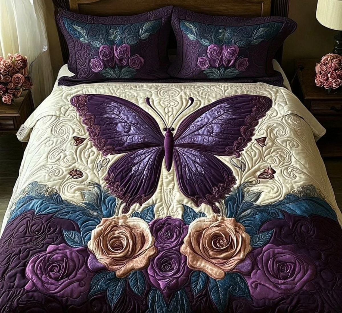 Luxury Purple Butterfly & Rose Quilted King Size Bedsheet Set – 108×108