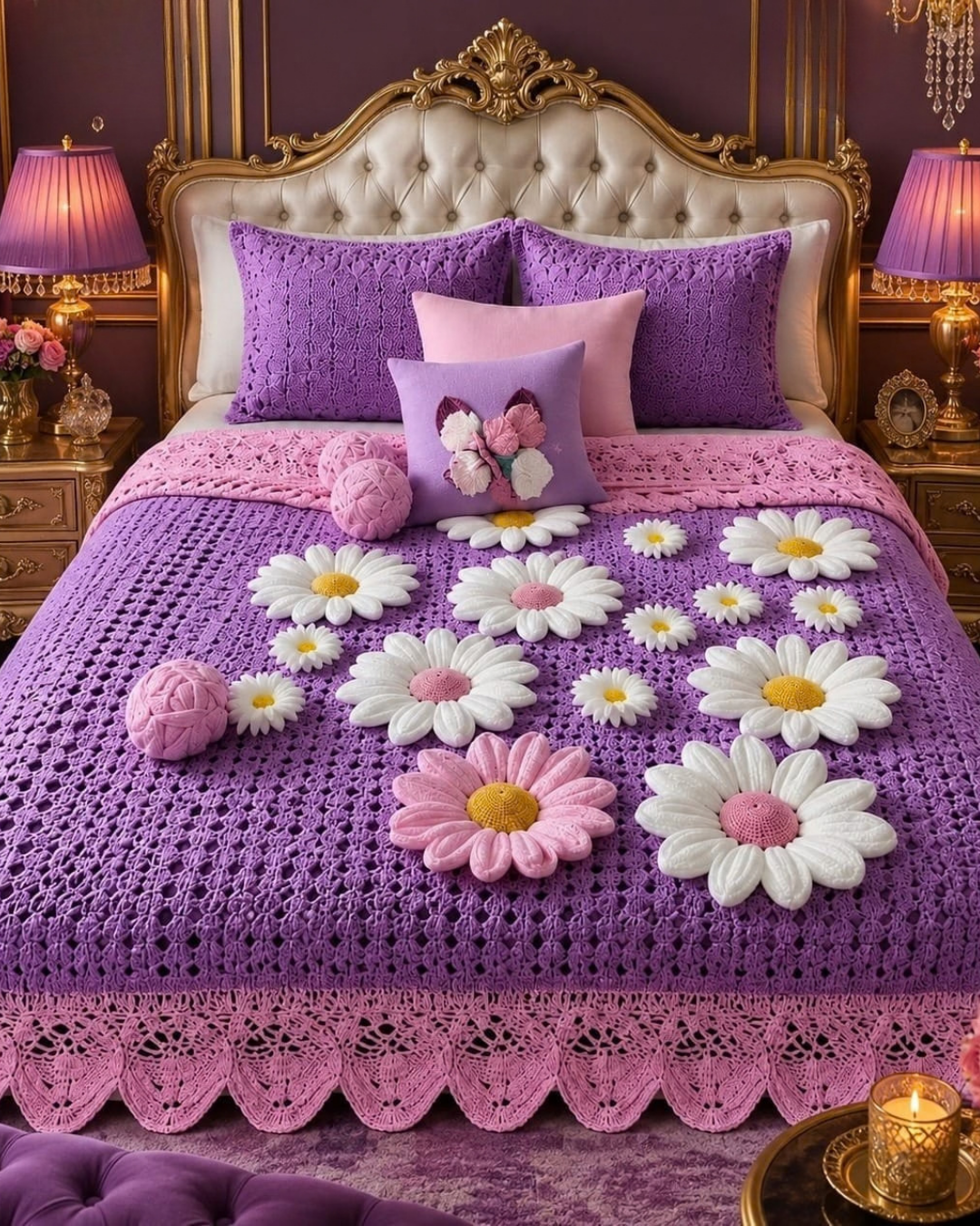 Luxury Purple Floral Quilted Bedsheet Set – King Size 108×108 Inches