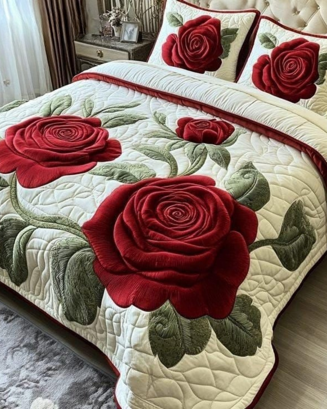Luxury Quilted Red Rose Floral Bedsheet Set – King Size 108×108 Inches