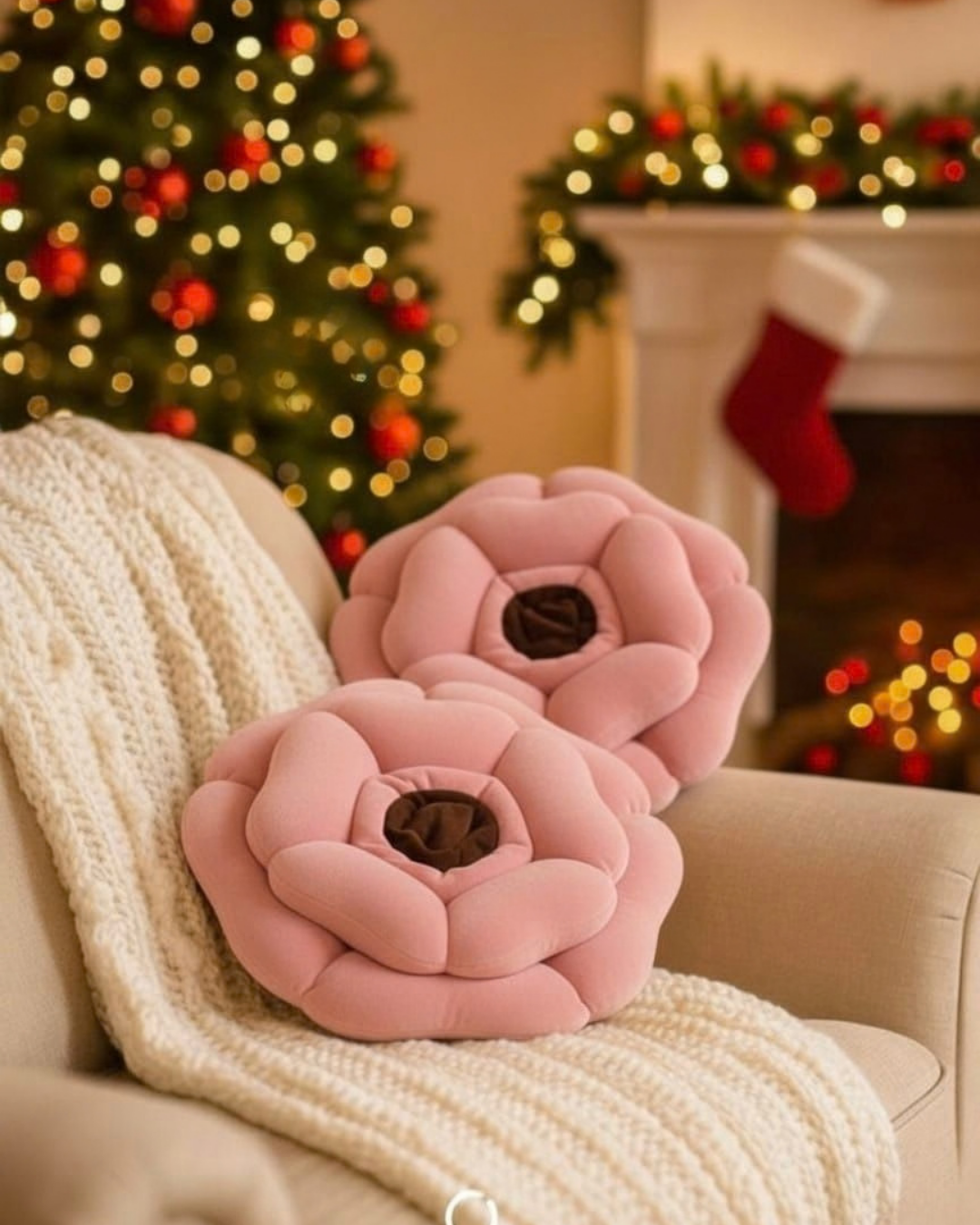 Luxury Floral Cushion Set | Blush Pink Flower-Shaped Decorative Cushions with Brown Centre for Sofa, Bed & Living Room