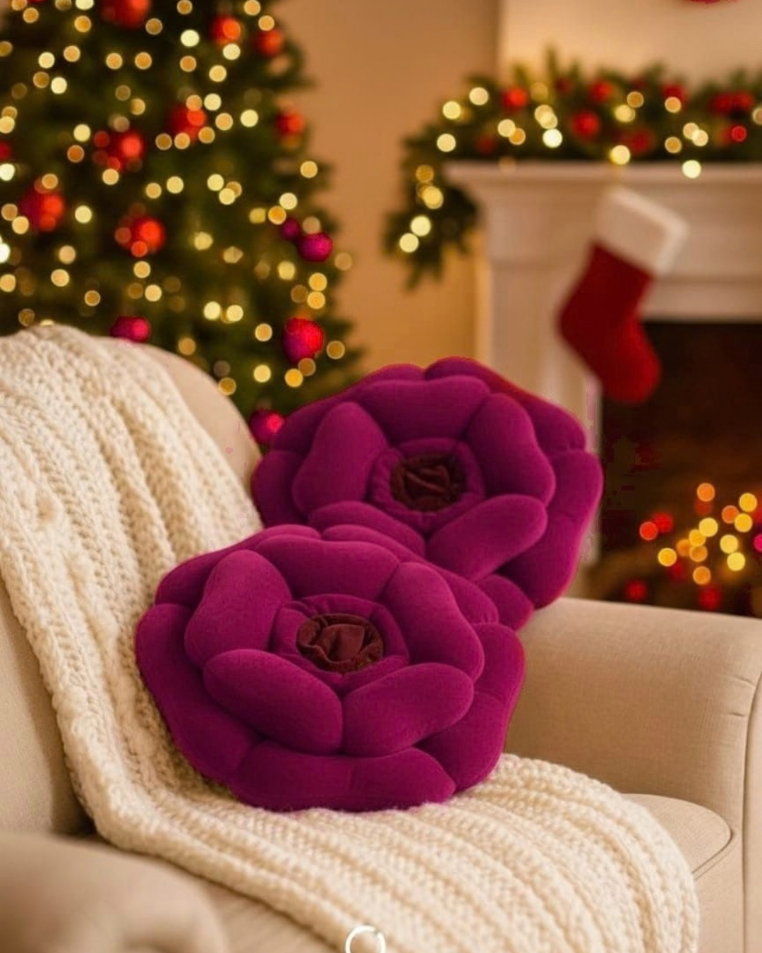 Luxury Floral Cushion Set | Magenta Pink Flower-Shaped Decorative Cushions with Brown Centre for Sofa, Bed & Living Room