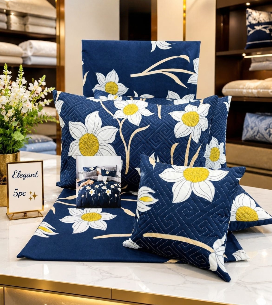 Luxury Navy Blue Floral Quilted 5-Piece Glace Cotton Queen Size Bedsheet Set with Cushions