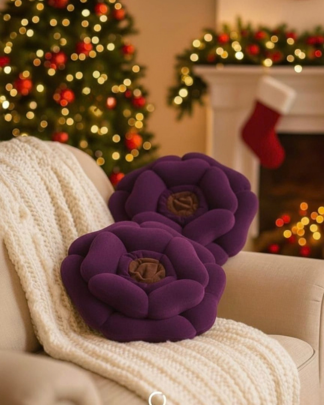 Luxury Floral Cushion Set | Purple Velvet Flower-Shaped Decorative Cushions with Brown Centre for Sofa, Bed & Living Room
