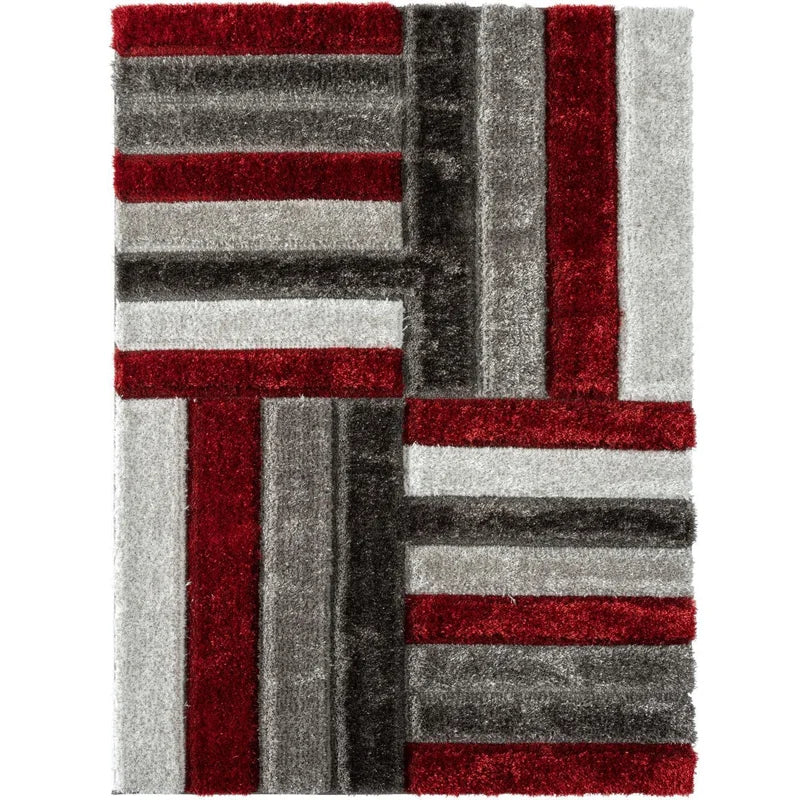Red & Grey Geometric 3D Carved Design Super Soft Microfiber Modern Hand Tufted Floor Rug