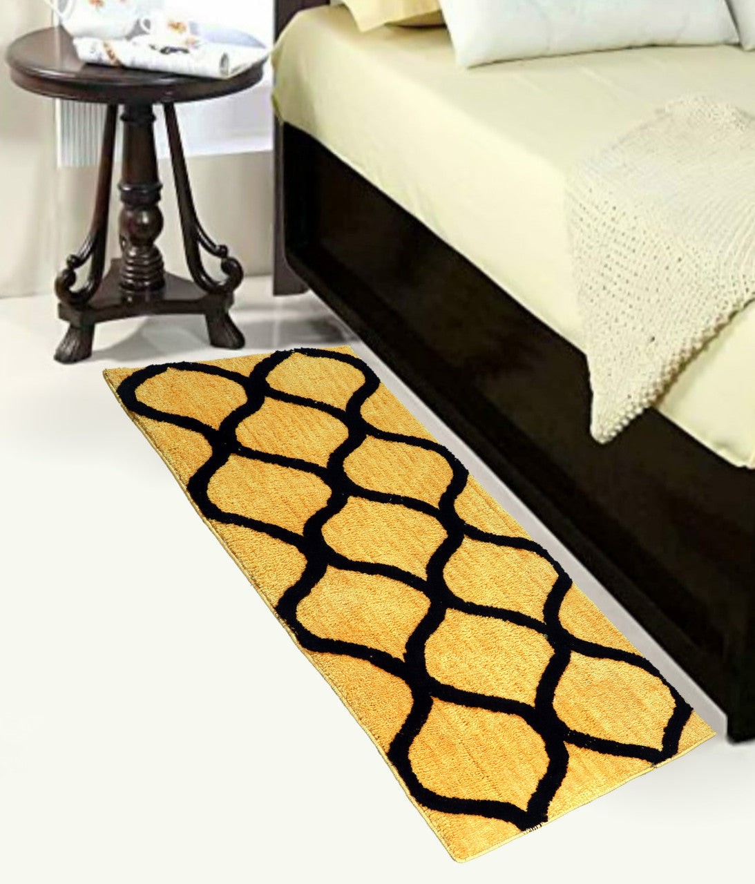 Yellow & Black Geometric Bedside Runner – Soft Microfiber, Anti-Skid Rubber Backing