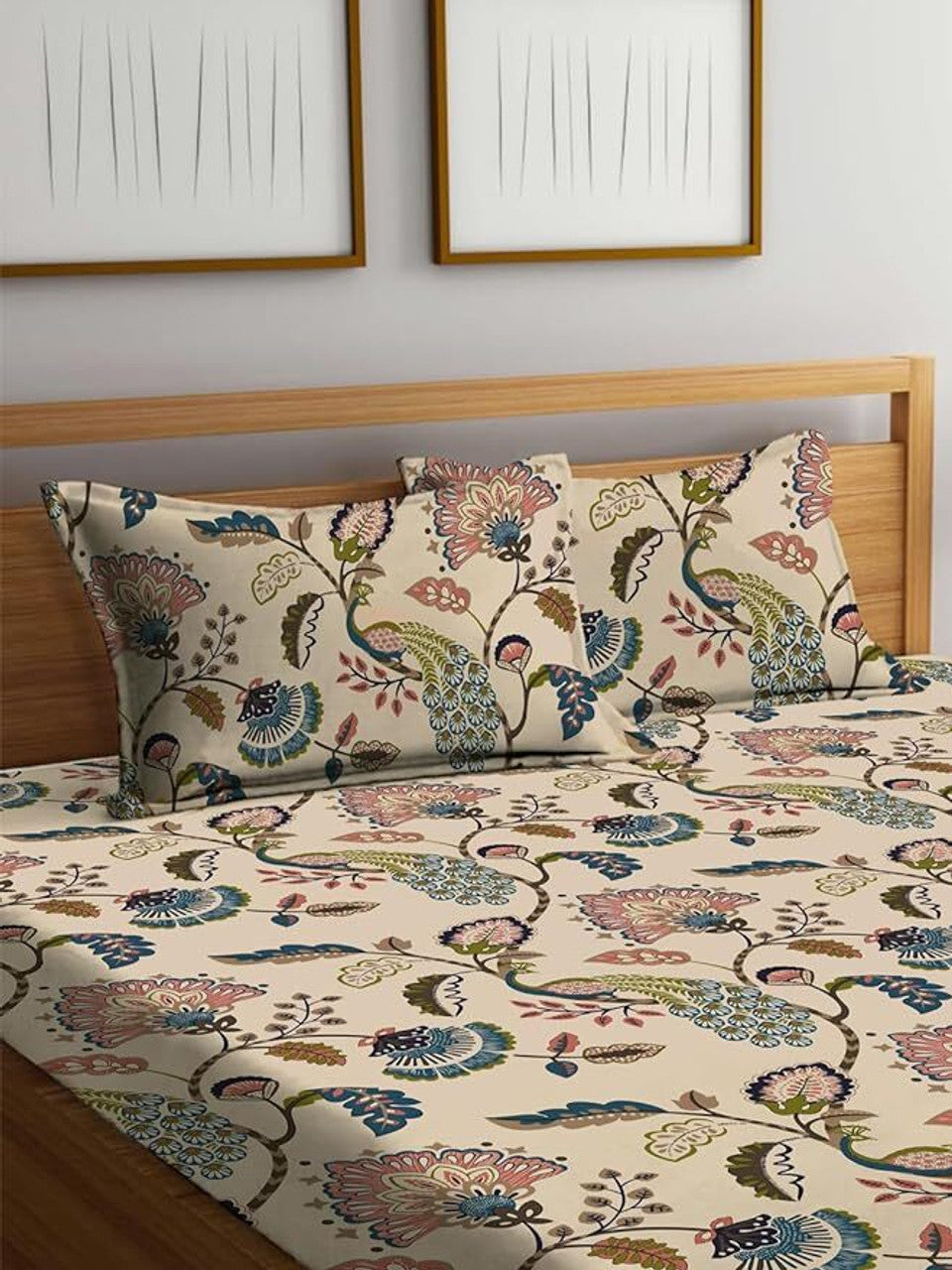 Kashyapa Rugs - Premium Cotton Brown Peacock 🦚 Fitted Bedsheet – Double Bed Size with 2 Pillow Covers